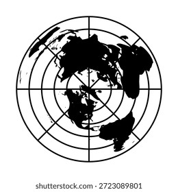 Icono del objetivo del mapa mundial con la mira del radar: silueta global de la tierra, Ilustración vectorial geopolítica en blanco y negro