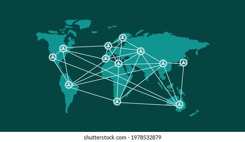 World Map with Teamwork and Communication over Distance Concept. People figures in gear mechanism getting in touch.