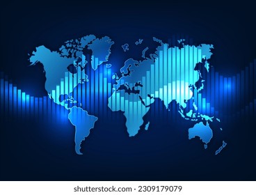 Fondo de tecnología cartográfica mundial con gráfico de acciones Representa la economía mundial que está cambiando constantemente. vio la competencia de negocios de cada país mapa azul con la gráfica azul