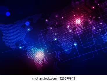 World Map with Technology Dark Blue Background, Vector Illustration