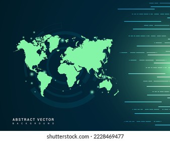 Mapa mundial del vector de fondo futurista verde tecnológico.
