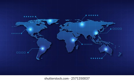 World map technology network connection with shadow. HUD Glow futuristic vector design, with line point location for infographic use to your globalization interface website