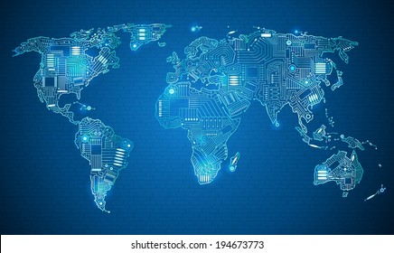 World map technology style digital world with electronic systems
