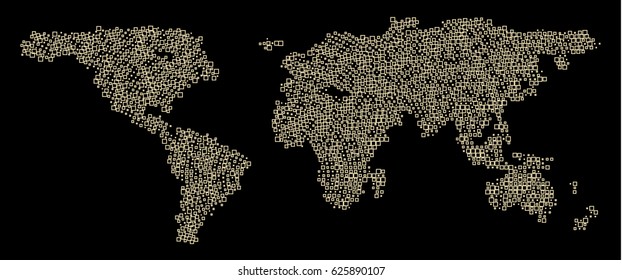 World map technology-style. Abstract  World Map with gold square shapes.Travel Vector Illustration on dark background.