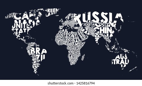 World map text composition of country names, typographical black and white vector illustration