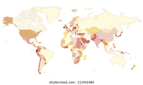 World map with textured countries. Vector illustration.