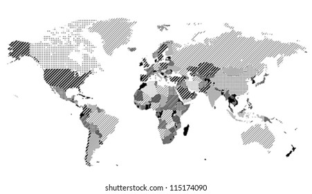 World map with textured countries. Vector illustration.