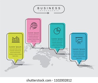 World map thin line infographic presentation. Elements digital corporate finance concept chart with 4 options, step or processes. Template for planning, web process diagram, workflow, banner

