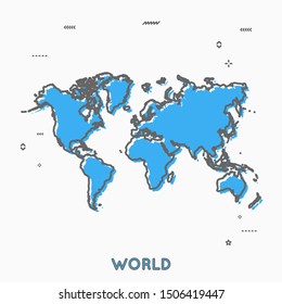 World map thin line style Memphis style. World globe infographic map icon with small geometric figures. America Europe Asia Australia Africa USA map. Vector illustration modern concept