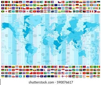 World Map Time Zones and All World Flags Collection. World map in colors of blue.