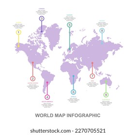 Plantilla de diseño de infografías de la línea de tiempo del mapa mundial. Ilustración vectorial.