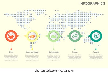  World map timeline vector infographics with icon, options and flow diagram, vector eps10 illustration