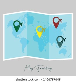 World Map for World Tourism Day with pinned Map for trip