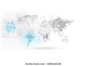 World map with transparent hexagons and sparkles of light, in pale grey and blue. 