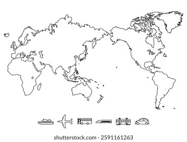 World map and transport icons. Vector illustration. Black line design. White background.
