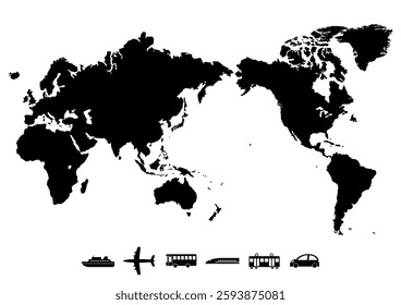 World map and transport icons. Vector illustration. Black and white design. White background.