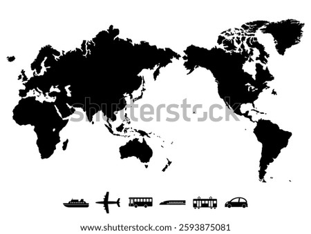 World map and transport icons. Vector illustration. Black and white design. White background.