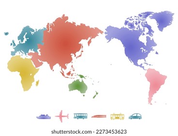 World map and transportation icon. The six continents of the earth. Vector illustration. Colorful design.