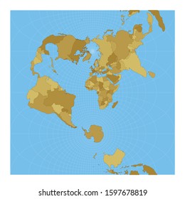 World Map. Transverse spherical Mercator projection. Map of the world with meridians on blue background. Vector illustration.