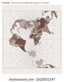 World Map. Transverse spherical Mercator projection. Countries style. High Detail World map for infographics, education, reports, presentations. Vector illustration.