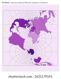 World Map. Transverse spherical Mercator projection. Continents style. High Detail World map for infographics, education, reports, presentations. Vector illustration.