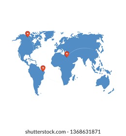 World map travel destination marks - countries with rounded pin symbols for flight directions. Flat isolated vector illustration on white background