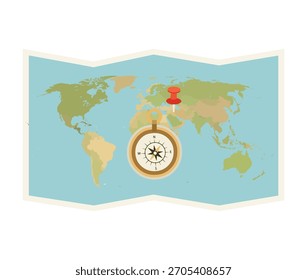 World Map Conceito de viagem e direção com bússola e pino de pressão