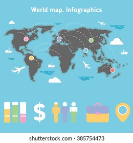 World map with traveling infographic elements. Flat design. Vector stock illustration