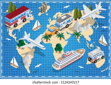 World map. Travels. Isometric. Vector illustration.