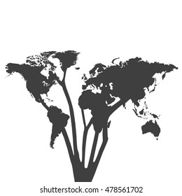 Ilustração da silhueta da árvore do mapa mundial isolada em um fundo branco