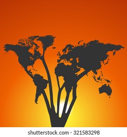World map tree at sunset illustration