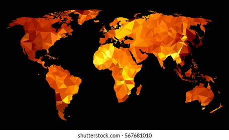 World map triangulated silhouette. Isolated on black background.