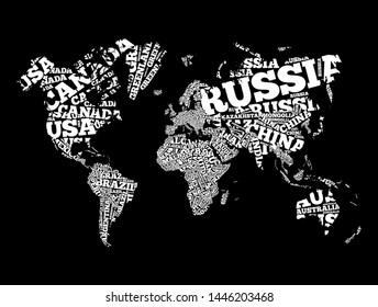 World Map in Typography word cloud, names of countries, education business concept