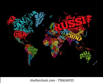 World Map in Typography word cloud, names of countries, education business concept