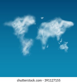 World map unshaped clouds in the blue sky. Realistic. Steam, smoke. Eco friendly, Ecofriendly, Go Green.