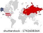 World map with USA and USSR and flags fills