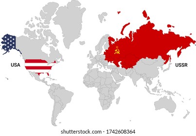 Mapa mundial con Estados Unidos y la URSS y rellenos de banderas