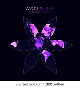 World Map. The U.S.-centric Gingery world projection. Digital illustration. Bright pink neon colors on dark background. Elegant vector illustration.