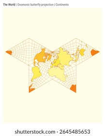 World map using a Gnomonic butterfly projection with continents style. High detail world map for infographics, education, reports, and presentations. Vector illustration.
