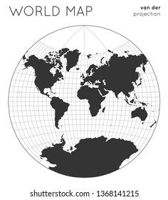 World map in van der Grinten projection with graticule lines style. Modern vector illustration.