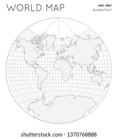 World map in van der Grinten projection with graticule lines style. Outline vector illustration.