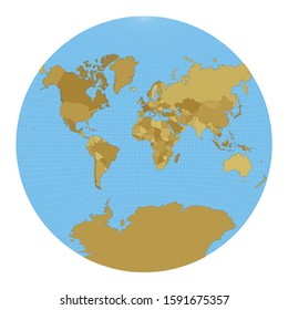 World Map. Van der Grinten projection. Map of the world with meridians on blue background. Vector illustration.