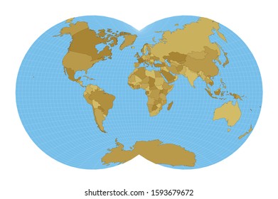 World map in Van der Grinten IV projection with meridians on a blue background. Vector illustration.