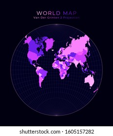 World Map. Van der Grinten II projection. Digital world illustration. Bright pink neon colors on dark background. Beautiful vector illustration.