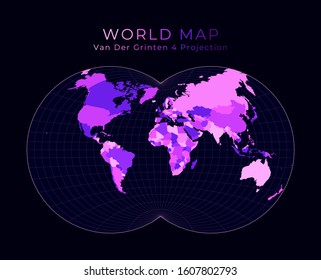 World Map. Van der Grinten IV projection. Digital world illustration. Bright pink neon colors on dark background. Charming vector illustration.