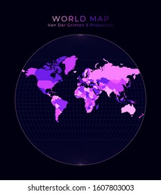 World Map. Van der Grinten III projection. Digital world illustration. Bright pink neon colors on dark background. Captivating vector illustration.