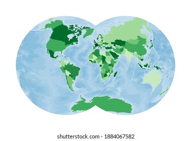 World Map. Van der Grinten IV projection. World in green colors with blue ocean. Vector illustration.