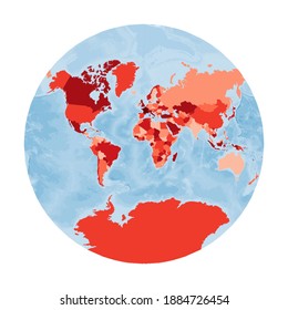 World Map. Van der Grinten projection. World in red colors with blue ocean. Vector illustration.