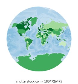 World Map. Van der Grinten III projection. World in green colors with blue ocean. Vector illustration.