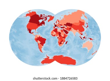 World Map. Van der Grinten IV projection. World in red colors with blue ocean. Vector illustration.